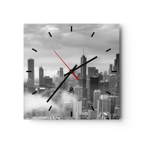 Reloj de pared - Reloj de vidrio - Panorama de la ciudad con rascacielos en las nubes en blanco y negro - 30x30cm - Paisaje americano - Decoración de pared moderna para salón y dormitorio ARTTOR