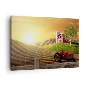 Cuadro sobre lienzo - Impresión de Imagen - Paisaje rural con un granero rojo, un tractor y el amanecer. - 70x50cm - Una granja como un cuento de hadas - Decoración de pared moderna para salón y dormitorio ARTTOR