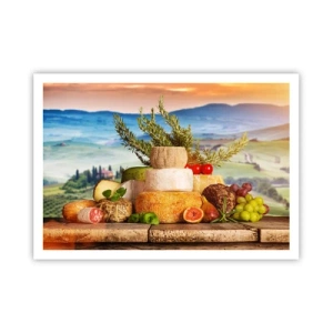 Póster - Una composición de quesos y frutas con el paisaje toscano como telón de fondo. - 100x70cm - La alegría de vivir italiana - Decoración de pared moderna para salón y dormitorio ARTTOR