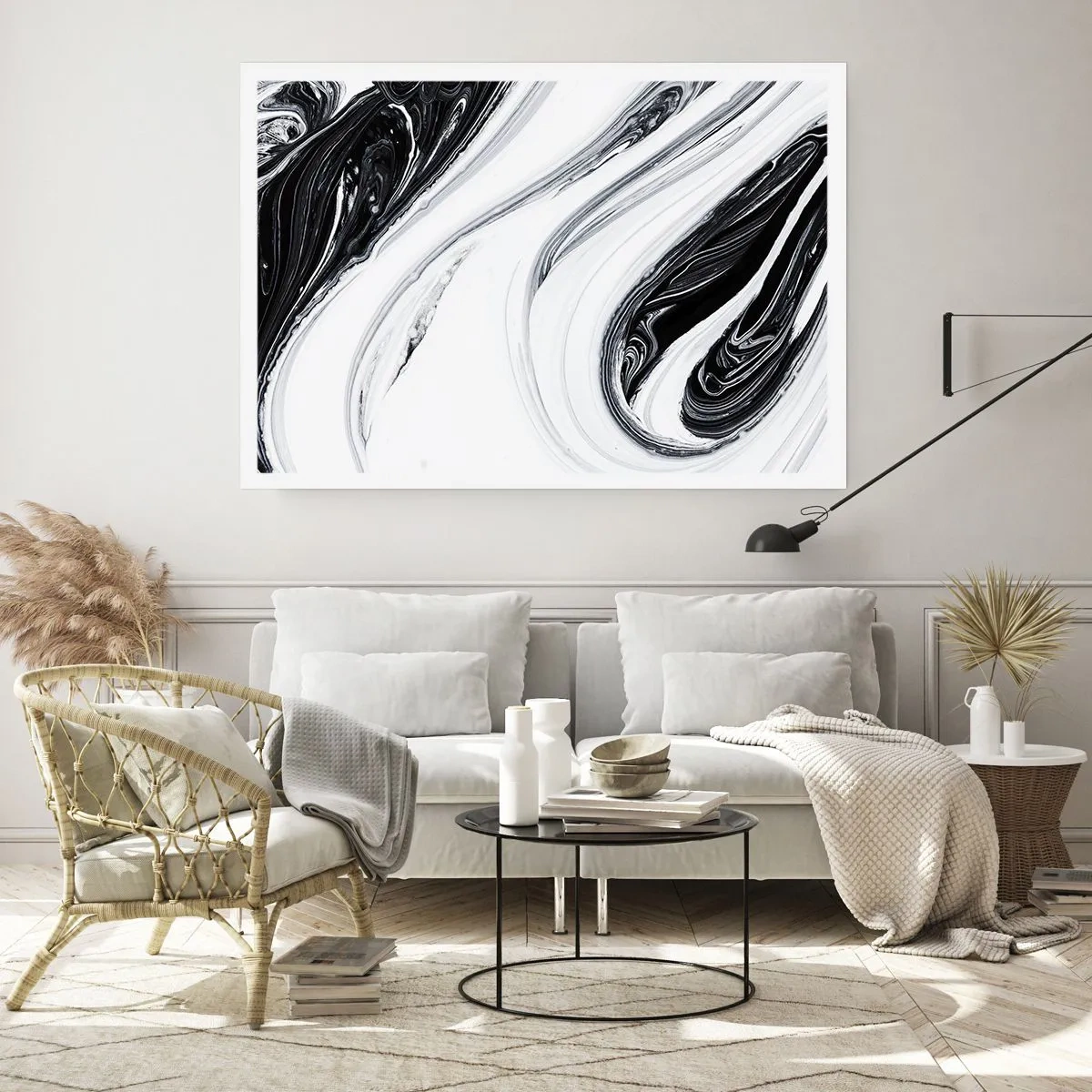 Póster - Abstracción en blanco y negro con líneas dinámicas y remolinos. - 100x70cm - Combinando opuestos - Decoración de pared moderna para salón y dormitorio ARTTOR