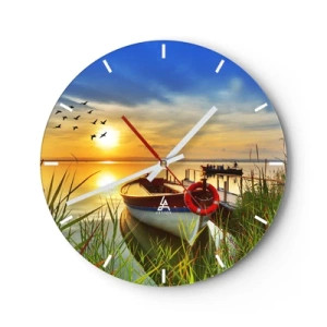 Reloj de pared - Reloj de vidrio - Un barco en el muelle al atardecer, pájaros volando. - 30x30cm - Los cormoranes están volando - Decoración de pared moderna para salón, cocina y dormitorio ARTTOR