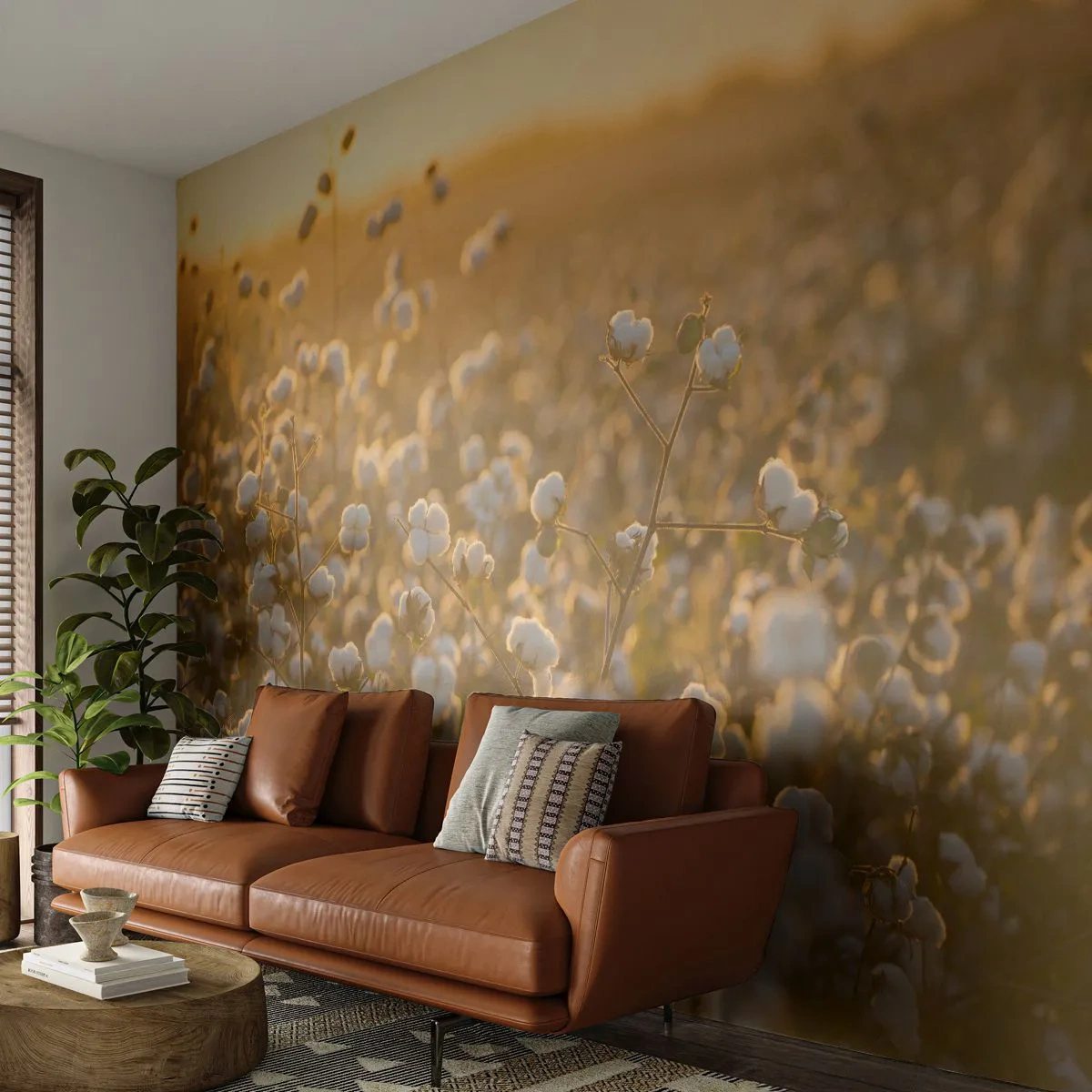 Fotomural Premium Sand - Un campo de algodón bañado por la cálida luz del atardecer. - 100x70cm - Un campo esponjoso - Decoración de pared moderna para salón y dormitorio ARTTOR