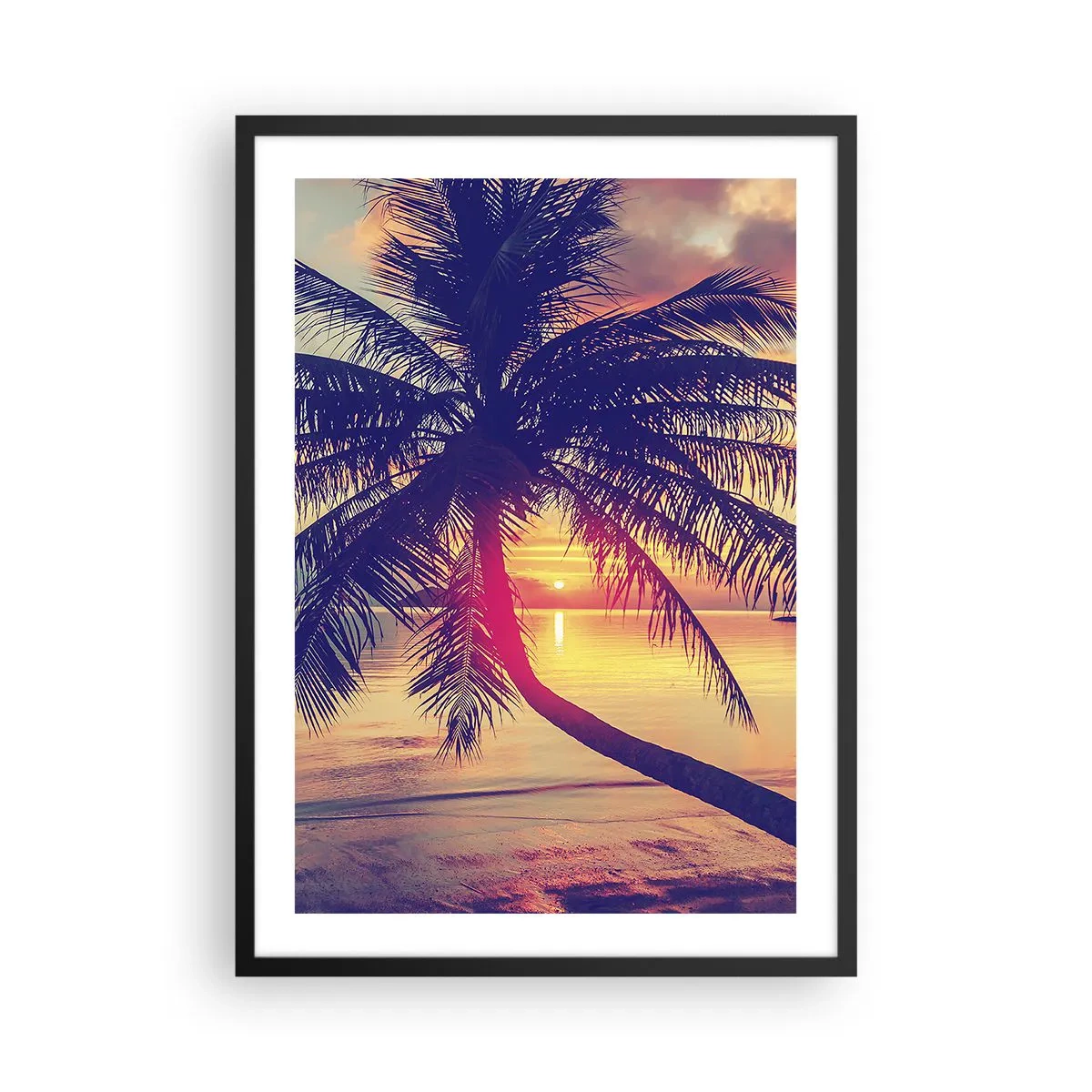 Póster en marco negro - Palmera al atardecer con vistas a un mar en calma - 50x70cm - Atardecer bajo las palmeras - Decoración de pared moderna para salón y dormitorio ARTTOR