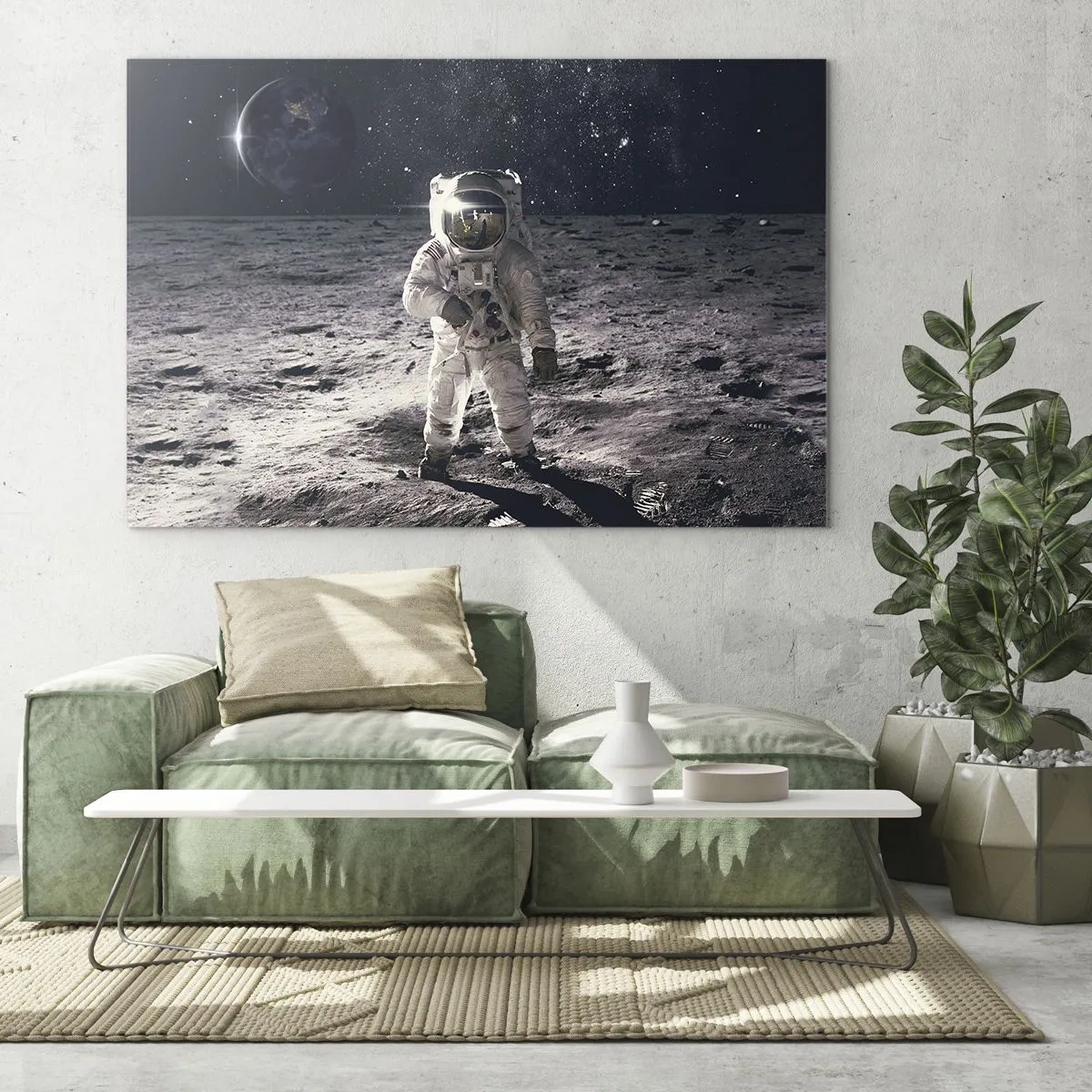 Cuadro sobre vidrio - Impresiones sobre Vidrio - Astronauta en la superficie de la Luna con la Tierra al fondo - 100x70cm - Saludos desde la Luna - Decoración de pared moderna para salón y dormitorio ARTTOR