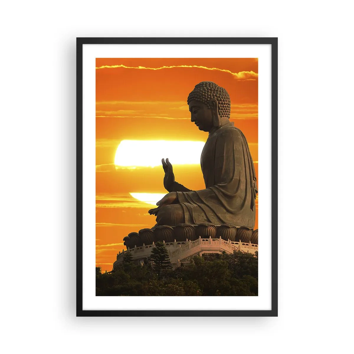 Póster en marco negro - Una estatua de Buda contra un cielo naranja. - 50x70cm - Sin miedo al mundo - Decoración de pared moderna para salón y dormitorio ARTTOR