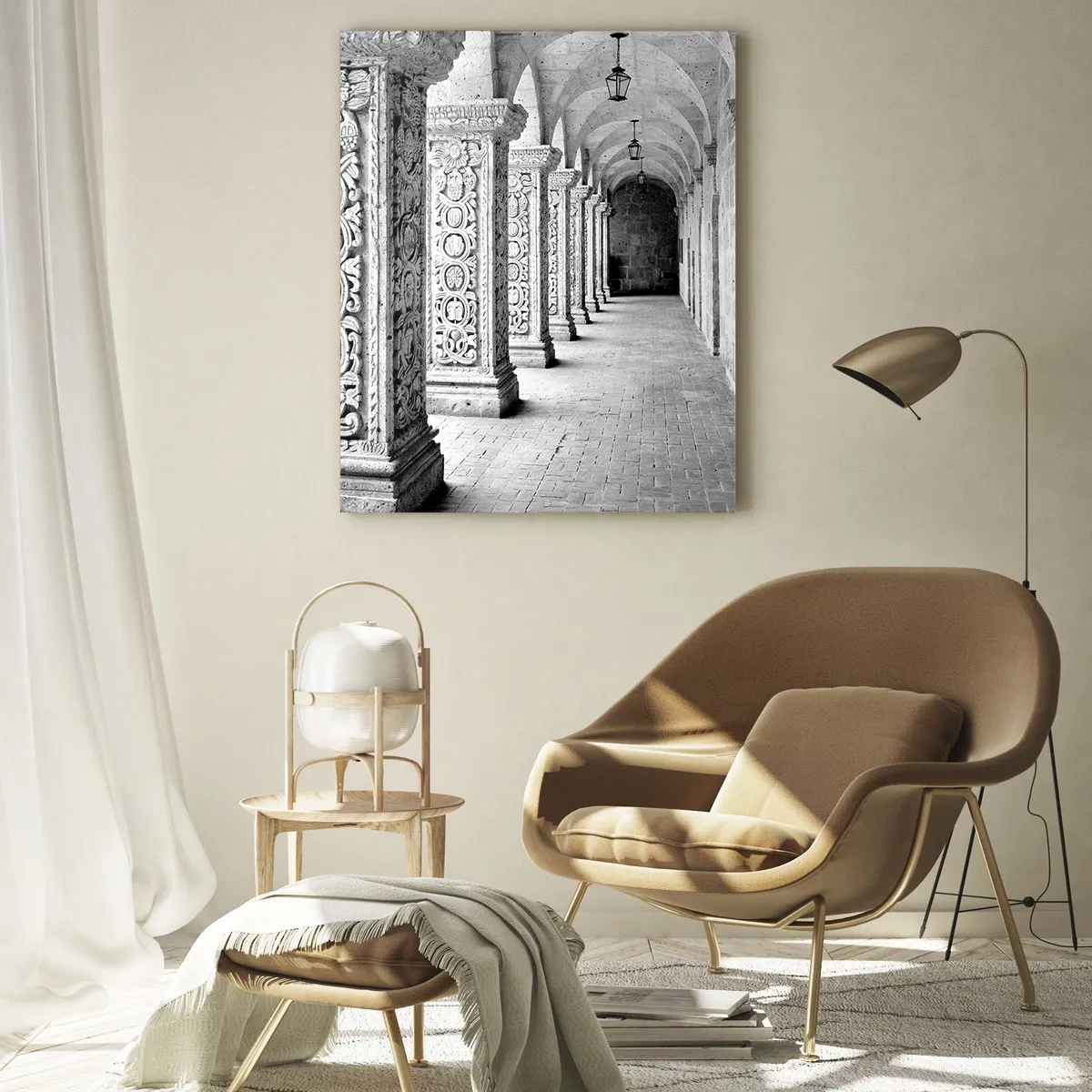 Cuadro sobre vidrio - Impresiones sobre Vidrio - Claustro histórico con columnas talladas - 50x70cm - ¿Y adónde nos llevará...? - Decoración de pared moderna para salón y dormitorio ARTTOR