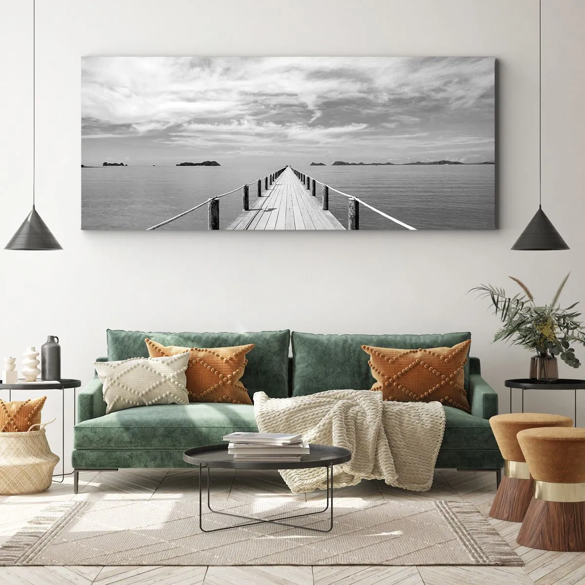 Cuadro sobre lienzo - Impresión de Imagen - Un muelle de madera que se pierde en la distancia sobre un mar en calma. - 140x50cm - Hora de viajar - Decoración de pared moderna para salón y dormitorio ARTTOR
