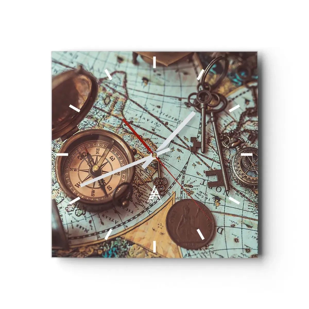 Reloj de pared - Reloj de vidrio - Composición con brújula, llaves y un mapa antiguo en estilo retro - 30x30cm - Para el aventurero - Decoración de pared moderna para salón y dormitorio ARTTOR