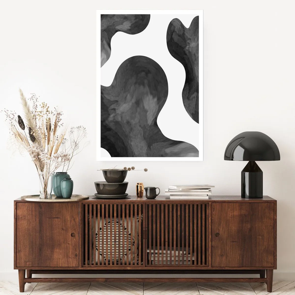 Póster - Composición abstracta en blanco y negro con formas orgánicas. - 50x70cm - El blanco fluye sobre el negro - Decoración de pared moderna para salón y dormitorio ARTTOR