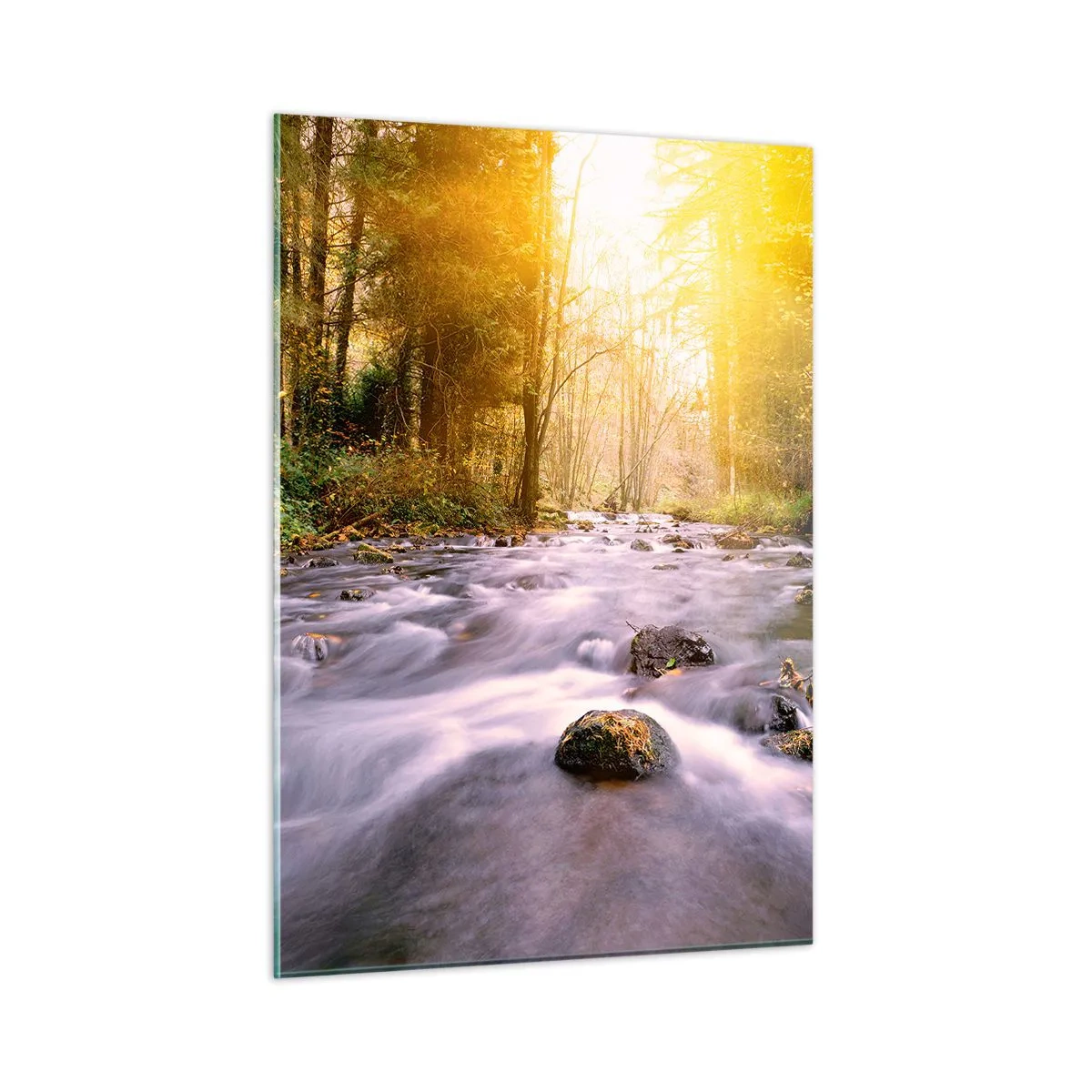 Cuadro sobre vidrio - Impresiones sobre Vidrio - Arroyo del bosque a la luz del sol - 50x70cm - Malaquita en un marco de plata y oro - Decoración de pared moderna para salón y dormitorio ARTTOR