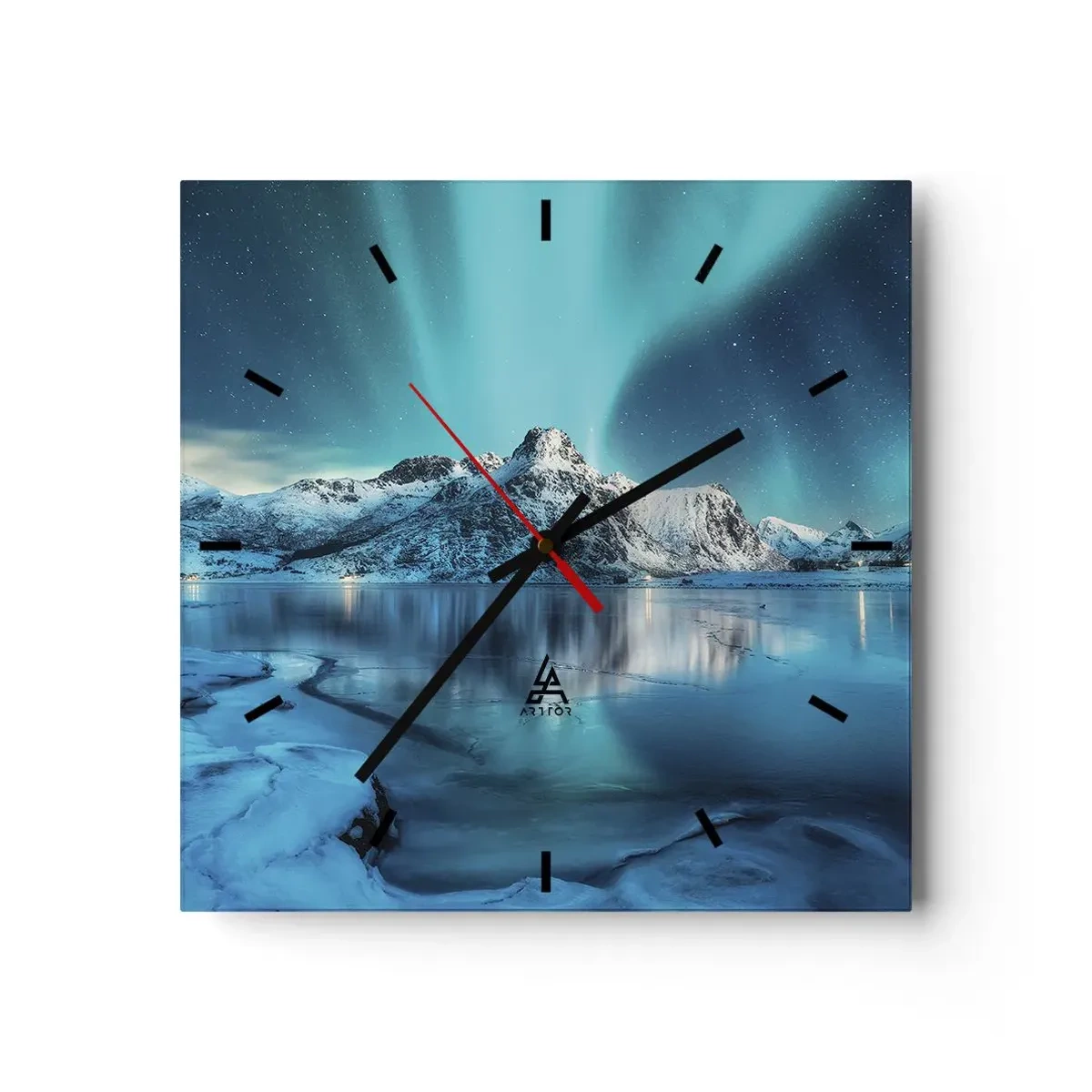 Reloj de pared - Reloj de vidrio - Aurora boreal sobre montañas nevadas y un lago - 30x30cm - Una noche de luz - Decoración de pared moderna para salón y dormitorio ARTTOR