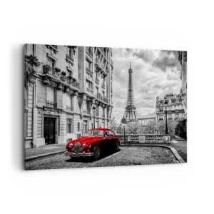 Cuadro sobre lienzo - Impresión de Imagen - Un coche rojo con la Torre Eiffel al fondo en un entorno en blanco y negro. - 120x80cm - Un depredador en la ciudad - Decoración de pared moderna para salón y dormitorio ARTTOR