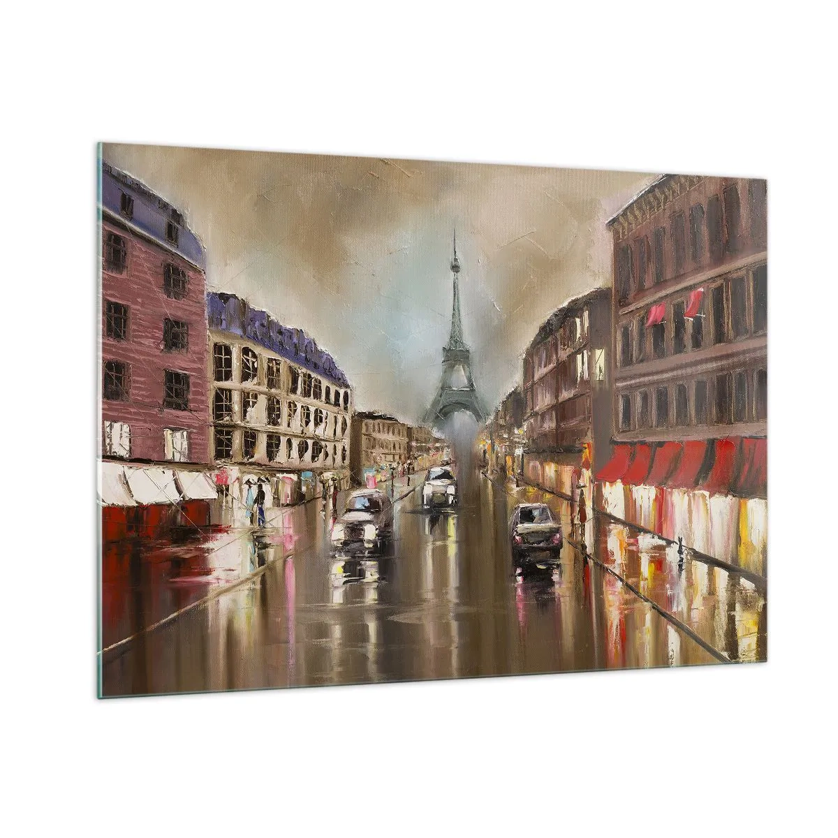 Cuadro sobre vidrio - Impresiones sobre Vidrio - Calle parisina al atardecer con vistas a la Torre Eiffel - 100x70cm - Solo ella importa - Decoración de pared moderna para salón y dormitorio ARTTOR