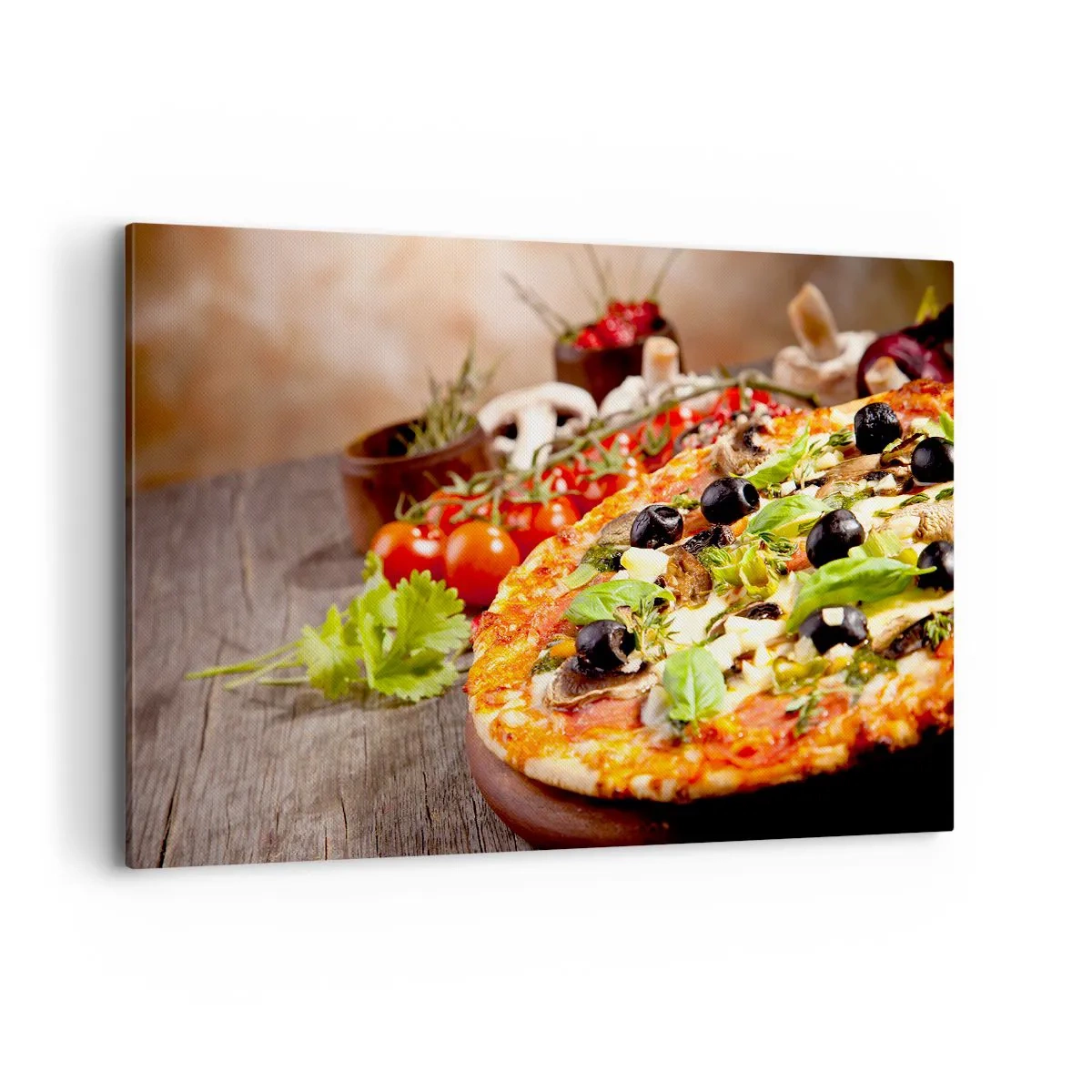 Cuadro sobre lienzo - Impresión de Imagen - Pizza con aceitunas, albahaca e ingredientes frescos sobre un fondo de madera. - 120x80cm - De ingredientes puros - Decoración de pared moderna para salón y dormitorio ARTTOR