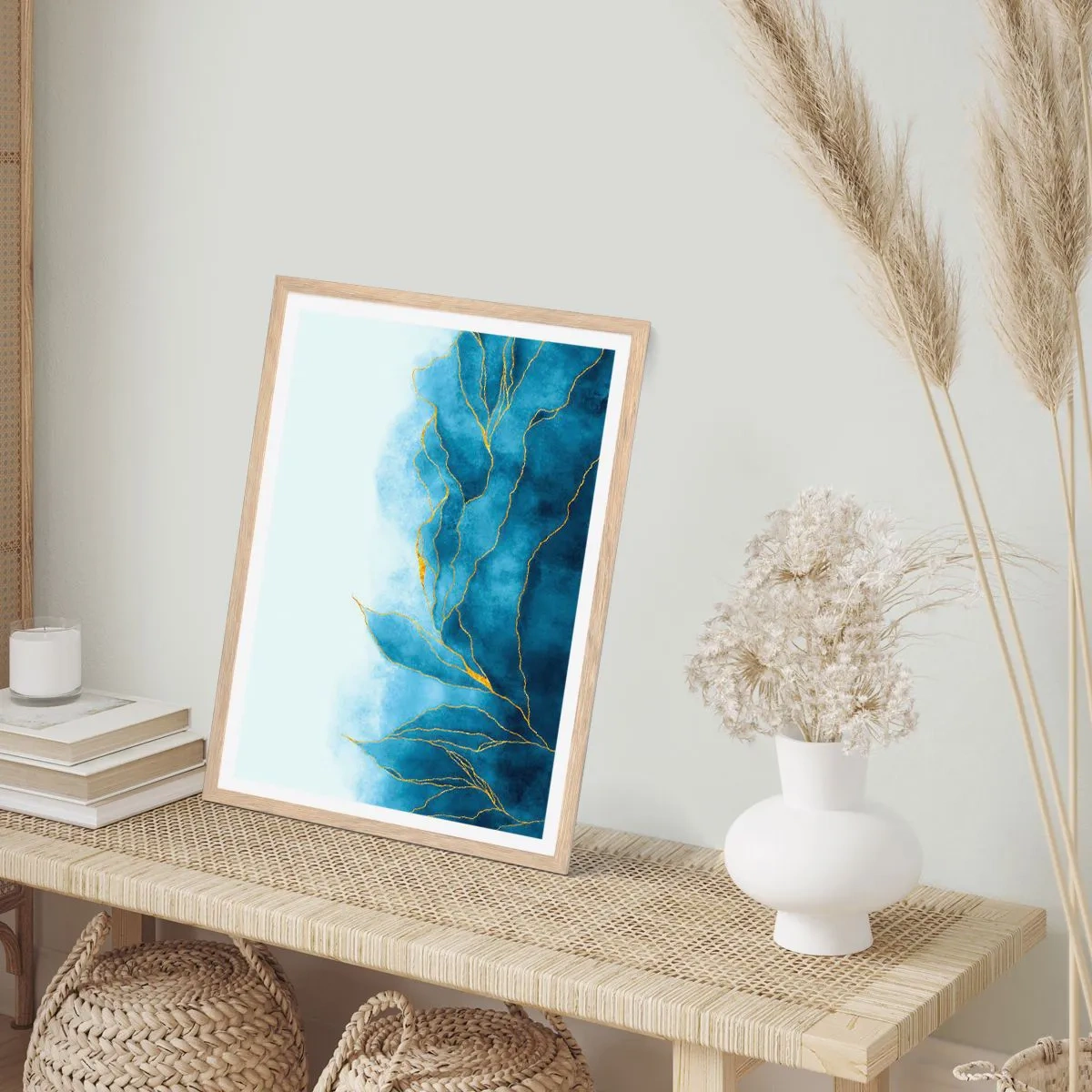 Póster en marco roble claro - Oro y azul - 50x70 cm