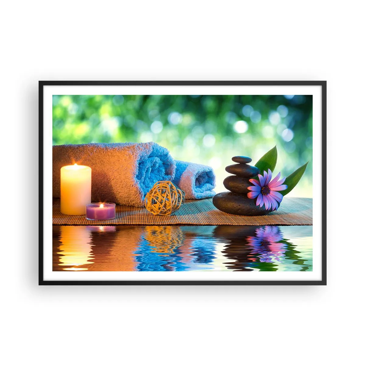 Póster en marco negro - Set de SPA relajante con toallas, velas y piedras - 100x70cm - Tiempo para el cuerpo - Decoración de pared moderna para salón y dormitorio ARTTOR