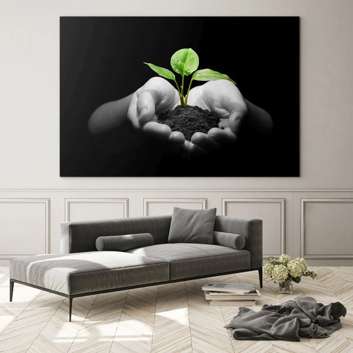 Cuadro sobre vidrio - Impresiones sobre Vidrio - Una planta joven en las manos sobre un fondo negro. - 70x50cm - Amo la naturaleza, la protejo - Decoración de pared moderna para salón y dormitorio ARTTOR