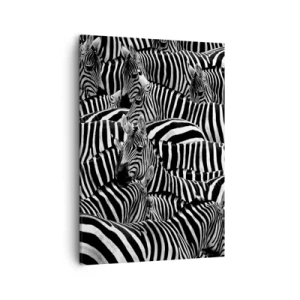 Cuadro sobre lienzo - Impresión de Imagen - Un grupo de cebras con rayas blancas y negras que crean un patrón de simetría. - 50x70cm - Retrato a rayas - Decoración de pared moderna para salón y dormitorio ARTTOR