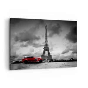 Cuadro sobre lienzo - Impresión de Imagen - Coche retro rojo frente a la Torre Eiffel en blanco y negro - 120x80cm - No hace mucho tiempo, en París - Decoración de pared moderna para salón y dormitorio ARTTOR