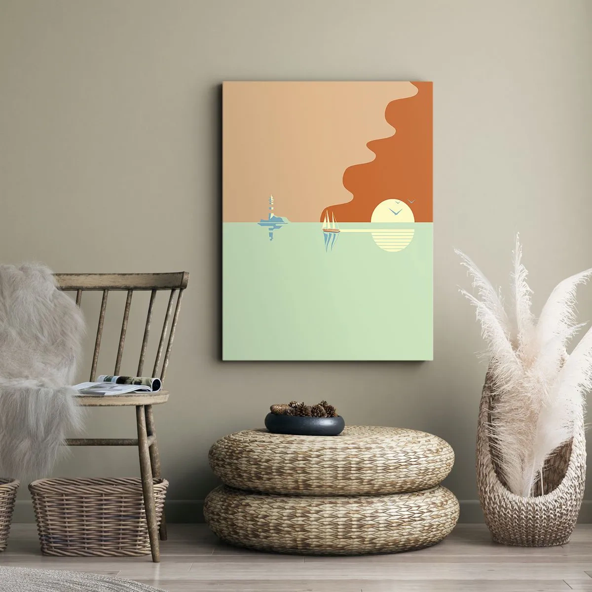 Cuadro sobre lienzo - Impresión de Imagen - Un paisaje marino minimalista con un velero y una puesta de sol. - 50x70cm - Un paisaje marino perfecto - Decoración de pared moderna para salón y dormitorio ARTTOR