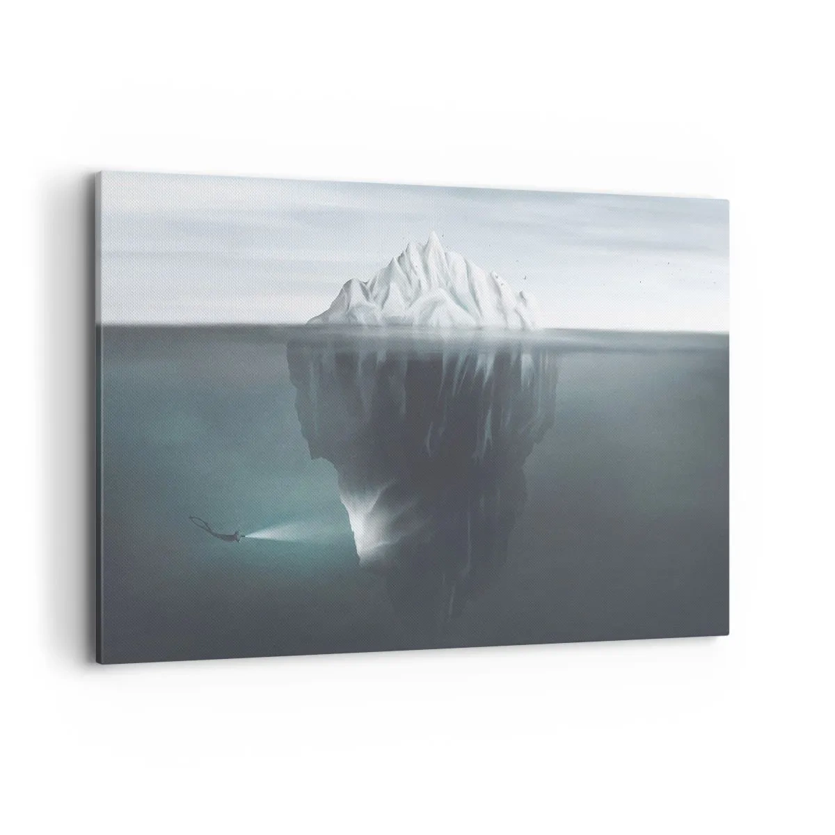 Cuadro sobre lienzo - Impresión de Imagen - Un iceberg en el agua con un buzo y un reflector debajo de la superficie. - 100x70cm - Misterio submarino - Decoración de pared moderna para salón y dormitorio ARTTOR