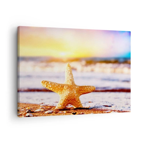 Cuadro sobre lienzo - Impresión de Imagen - Una estrella de mar en una playa de arena bajo el resplandor del sol poniente. - 70x50cm - Regalo del mar - Decoración de pared moderna para salón y dormitorio ARTTOR