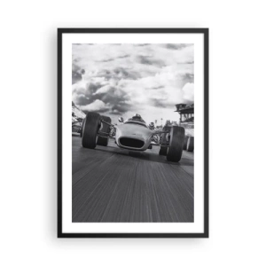 Póster en marco negro - Coche de carreras retro en pista en blanco y negro - 50x70cm - ¡Hay poder! - Decoración de pared moderna para salón y dormitorio ARTTOR