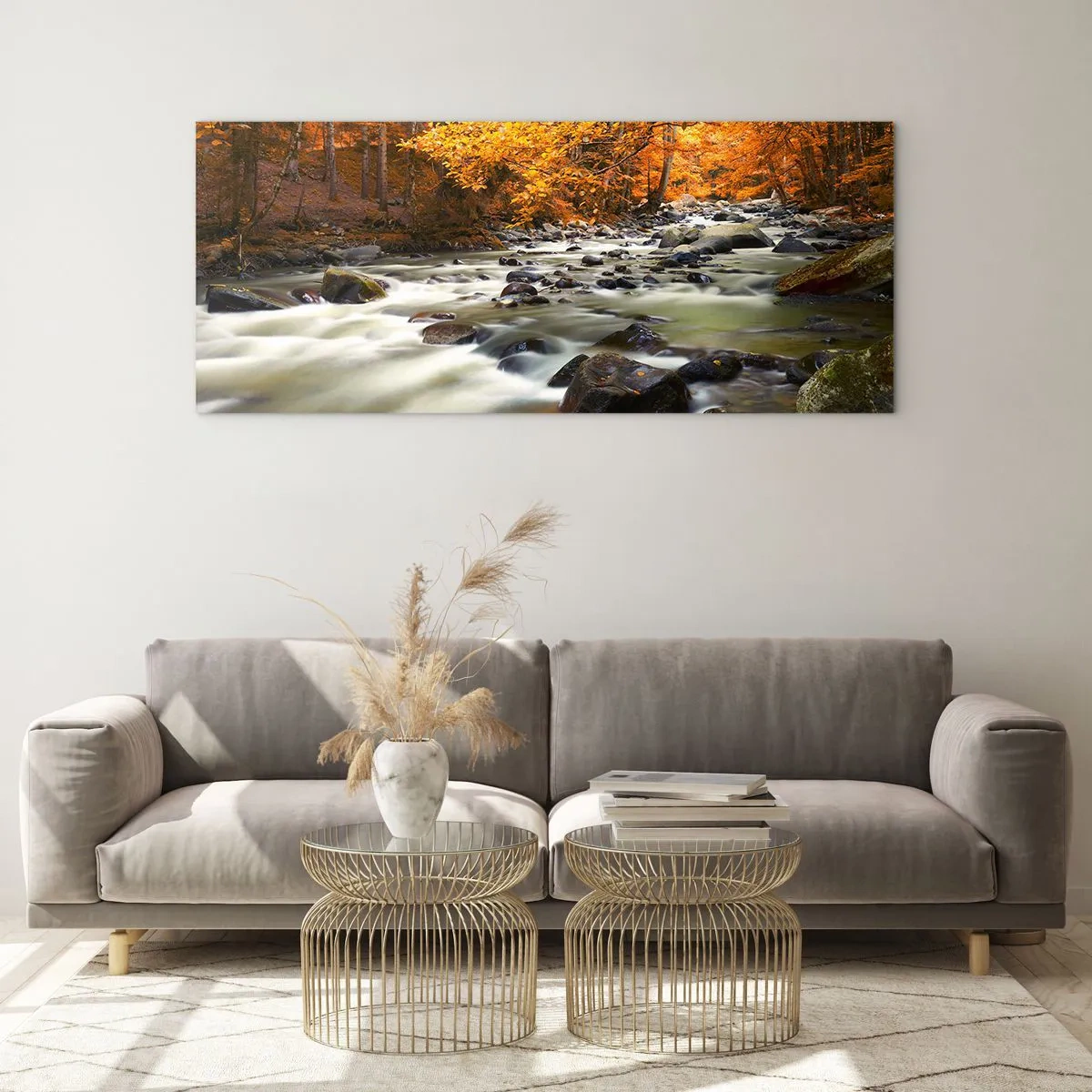 Cuadro sobre vidrio - Impresiones sobre Vidrio - Un arroyo en un bosque dorado - 100x40 cm