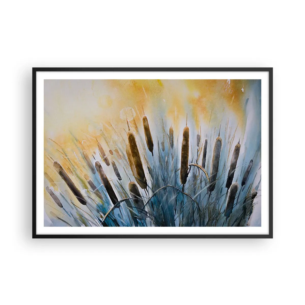 Póster en marco negro - Cañas pintorescas bajo los rayos del sol - 100x70cm - El frío del agua, el calor del sol - Decoración de pared moderna para salón y dormitorio ARTTOR