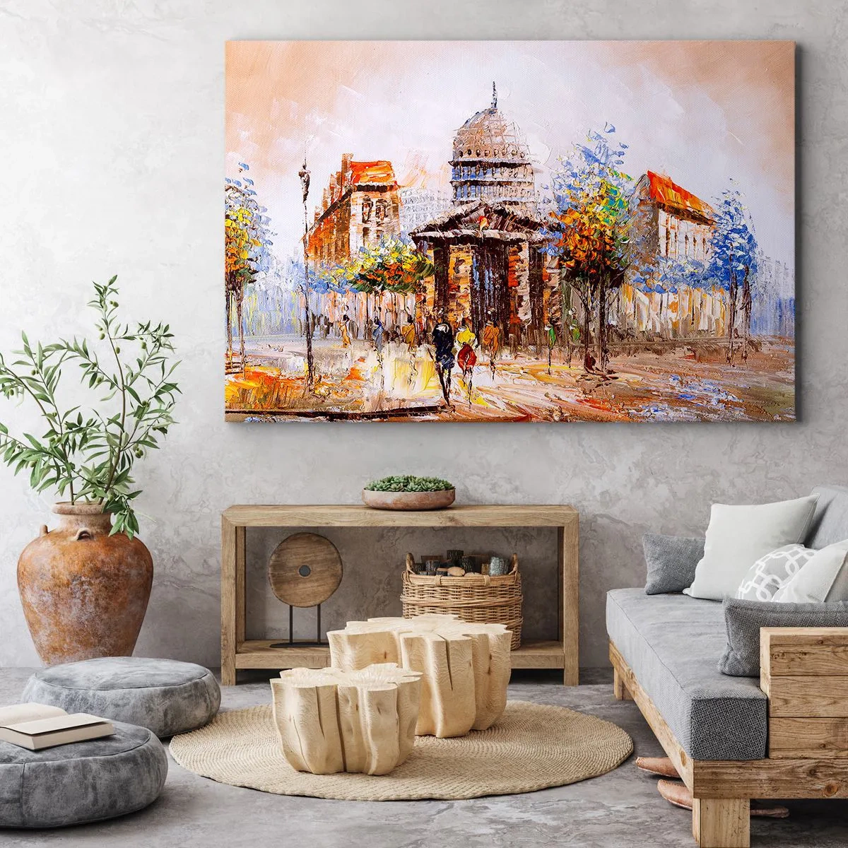 Cuadro sobre lienzo - Impresión de Imagen - Escena urbana impresionista con un edificio histórico. - 70x50cm - Un paseo parisino - Decoración de pared moderna para salón y dormitorio ARTTOR
