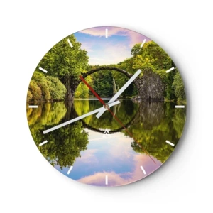 Reloj de pared - Reloj de vidrio - El puente Rakotzbrücke reflejado en el agua - 30x30cm - En el punto de encuentro de dos mundos - Decoración de pared moderna para salón, cocina y dormitorio ARTTOR