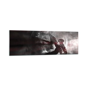 Cuadro sobre vidrio - Impresiones sobre Vidrio - Saxofonista en humo en el escenario en negro y rojo atmosférico - 160x50cm - En el vapor del jazz - Decoración de pared moderna para salón y dormitorio ARTTOR