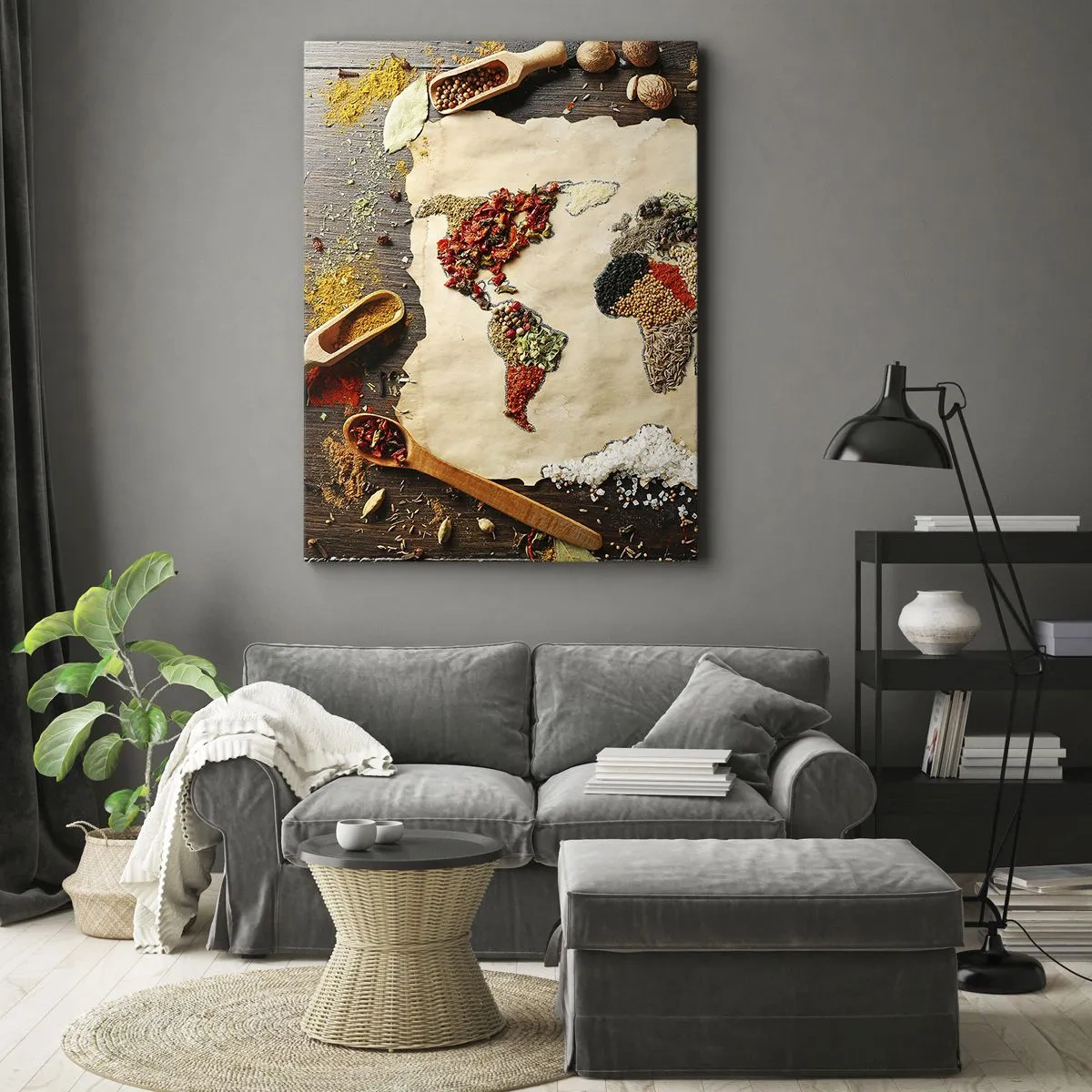 Cuadro sobre lienzo - Impresión de Imagen - Un mapa del mundo hecho de especias sobre un fondo de madera. - 70x100cm - Todos los sabores del mundo - Decoración de pared moderna para salón y dormitorio ARTTOR