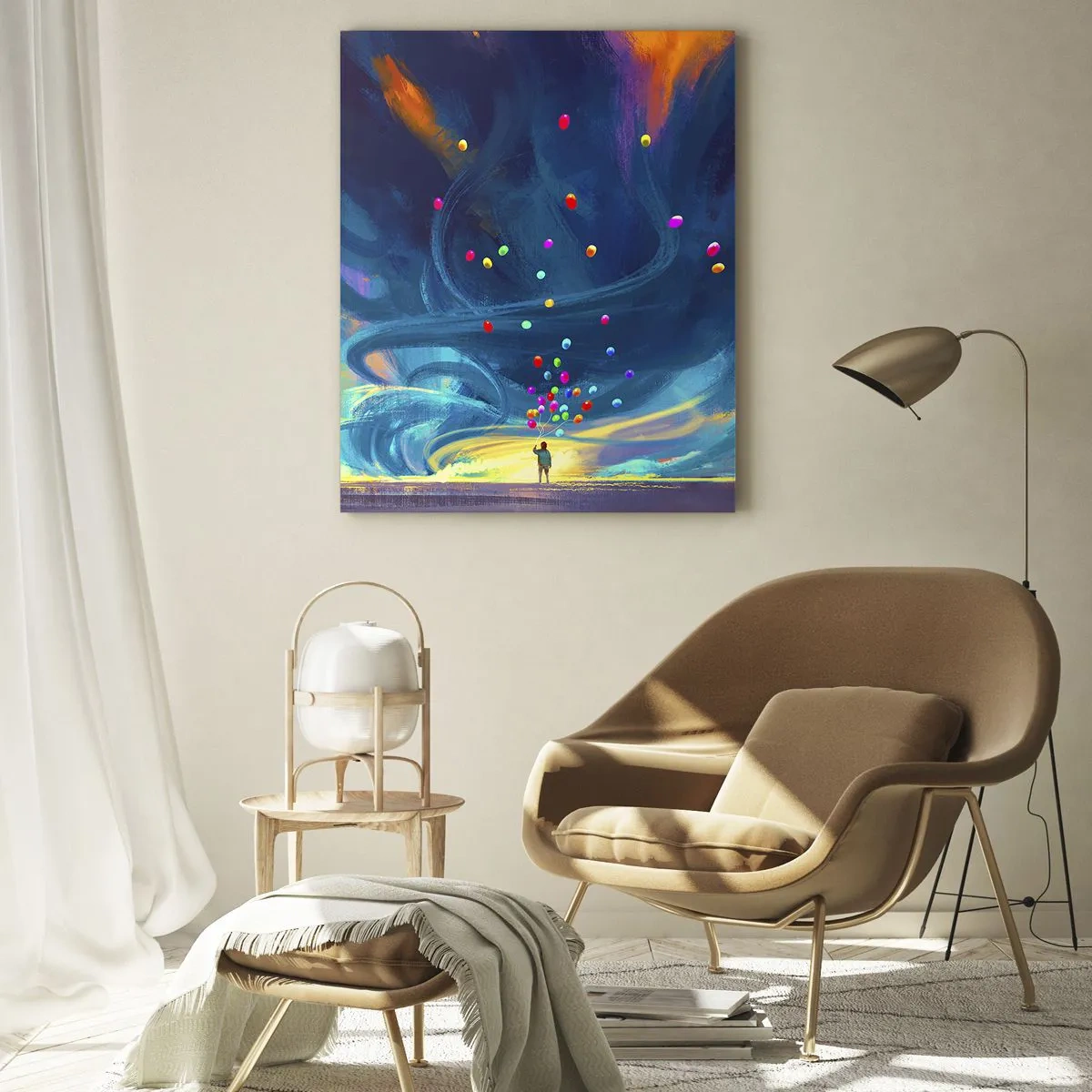 Cuadro sobre vidrio - Impresiones sobre Vidrio - Una figura con globos contra un fondo de nubes coloridas y arremolinadas. - 80x120cm - En un viento azul - Decoración de pared moderna para salón y dormitorio ARTTOR