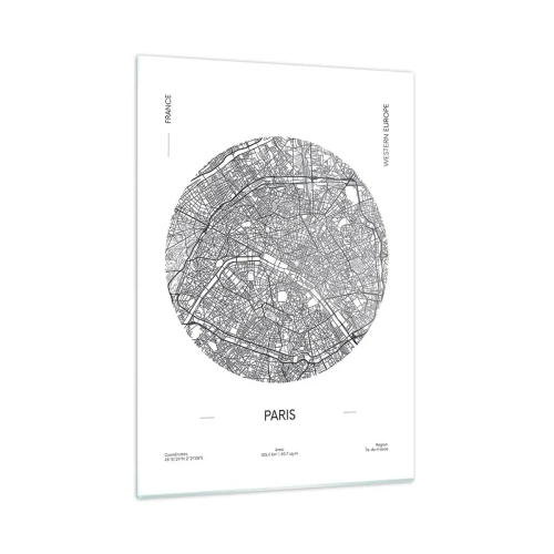 Cuadro sobre vidrio - Impresiones sobre Vidrio - Un mapa circular de París en una ilustración en blanco y negro - 50x70cm - Anatomía de París - Decoración de pared moderna para salón y dormitorio ARTTOR