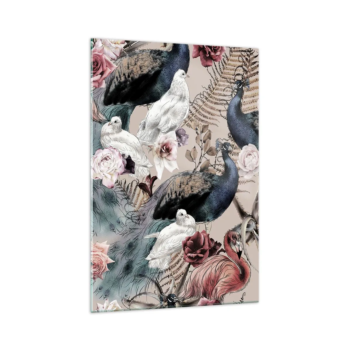 Cuadro sobre vidrio - Impresiones sobre Vidrio - Un paisaje con plumas de pavo real, rosas y pájaros en estilo romántico. - 70x100cm - En un jardín de palacio - Decoración de pared moderna para salón y dormitorio ARTTOR