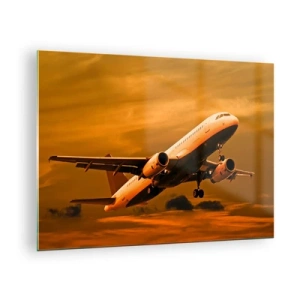 Cuadro sobre vidrio - Impresiones sobre Vidrio - Un avión despegando contra un cielo naranja. - 70x50cm - Vuelo hacia el sol - Decoración de pared moderna para salón y dormitorio ARTTOR