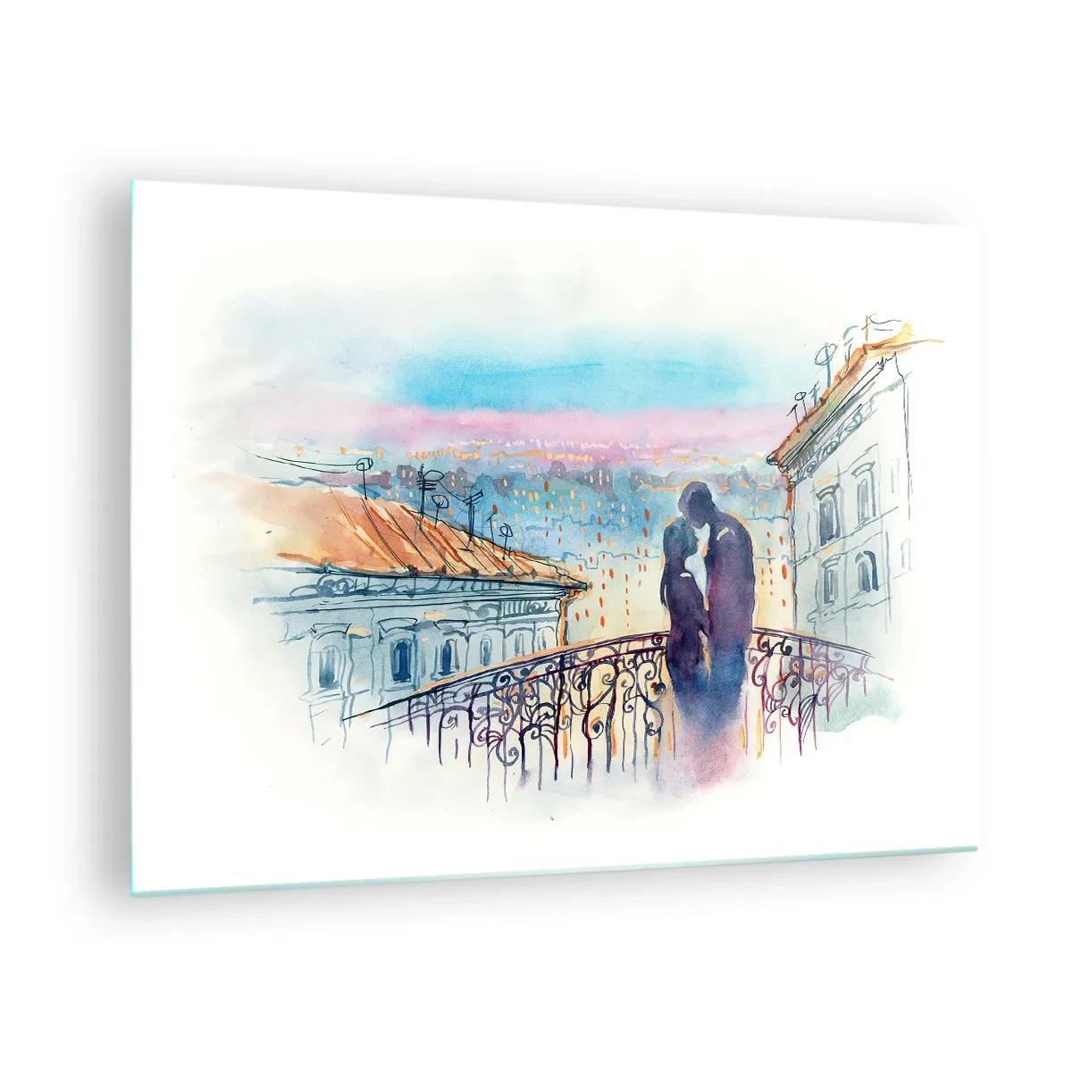 Cuadro sobre vidrio - Impresiones sobre Vidrio - Pareja en el balcón disfrutando de una romántica puesta de sol - 70x50cm - Los amantes de París - Decoración de pared moderna para salón y dormitorio ARTTOR