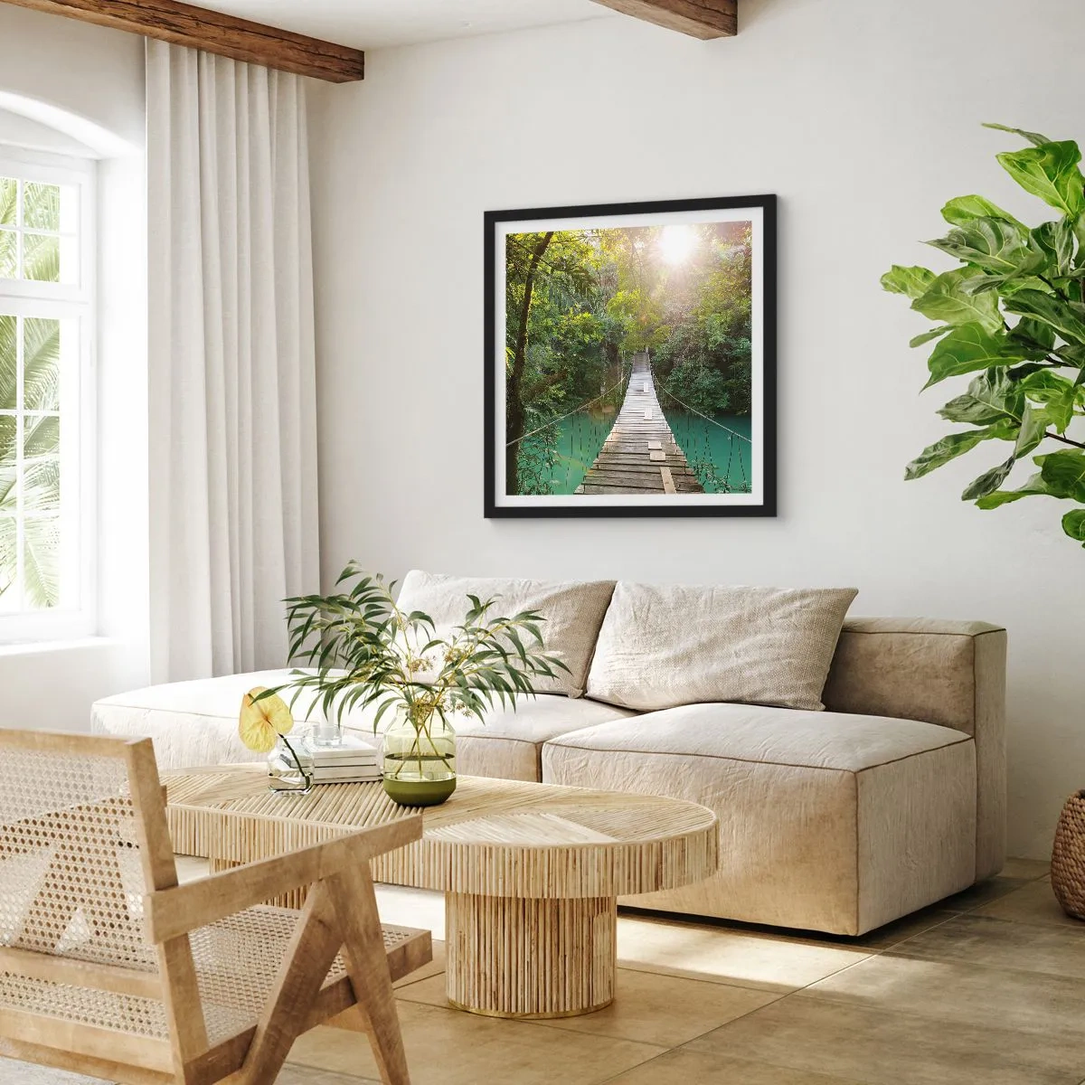 Póster en marco negro - Sobre el agua azul hacia el bosque - 40x40 cm