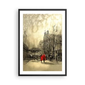 Póster en marco negro - Una figura con un abrigo rojo sobre el fondo de una ciudad invernal. - 50x70cm - Cita en la niebla de Londres  - Decoración de pared moderna para salón y dormitorio ARTTOR