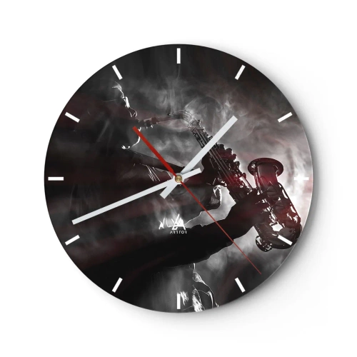 Reloj de pared - Reloj de vidrio - Saxofonista en el humo en estilo blanco y negro - 30x30cm - En el vapor del jazz - Decoración de pared moderna para salón, cocina y dormitorio ARTTOR