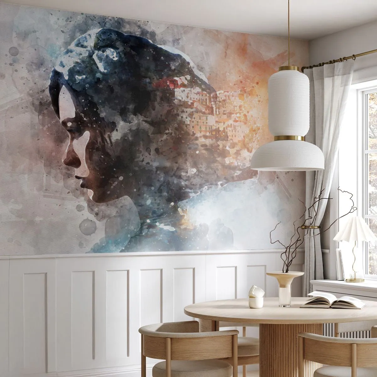 Fotomural Autadhesivo Deluxe Sticker - Una historia sobre una niña con una ciudad de fondo - Abstracción, Mujer, Arquitectura - 150x105 cm