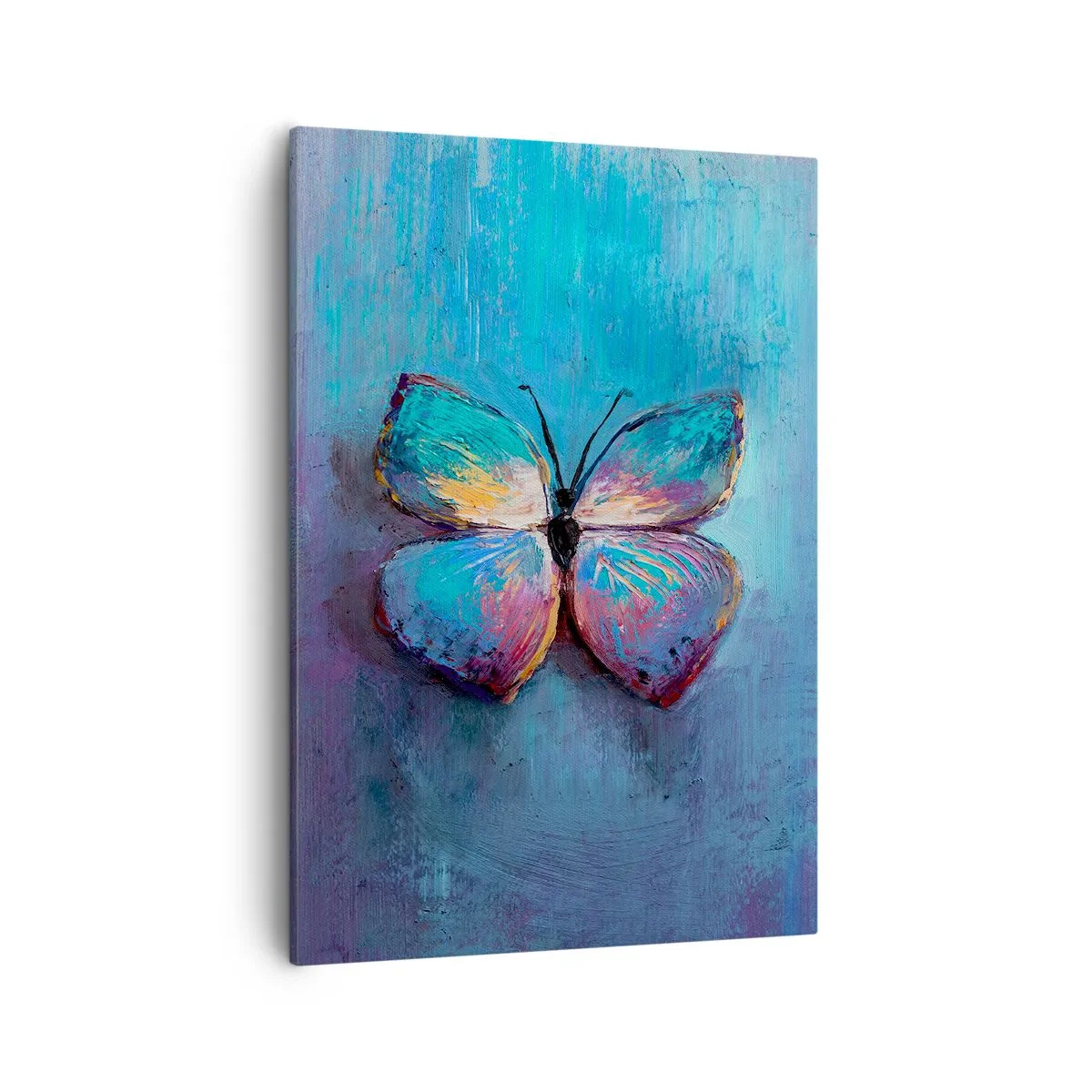 Cuadro sobre lienzo - Impresión de Imagen - Mariposa colorida sobre un fondo azul - 50x70cm - En todo su esplendor - Decoración de pared moderna para salón y dormitorio ARTTOR