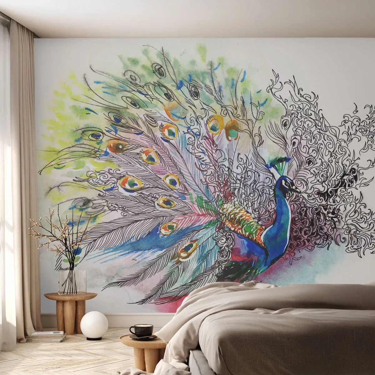 Fotomural Standard Eco - Con orgullo contra el gris - Pájaro, Pavo real, Plumas - 400x280 cm