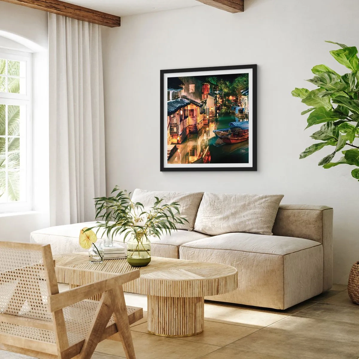 Póster en marco negro - Noche en una calle china - 40x40 cm