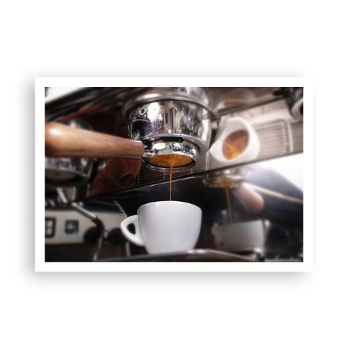 Póster - Primer plano de una máquina de café preparando una dosis fresca de espresso - 100x70cm - El mejor momento del día - Decoración de pared moderna para salón y dormitorio ARTTOR