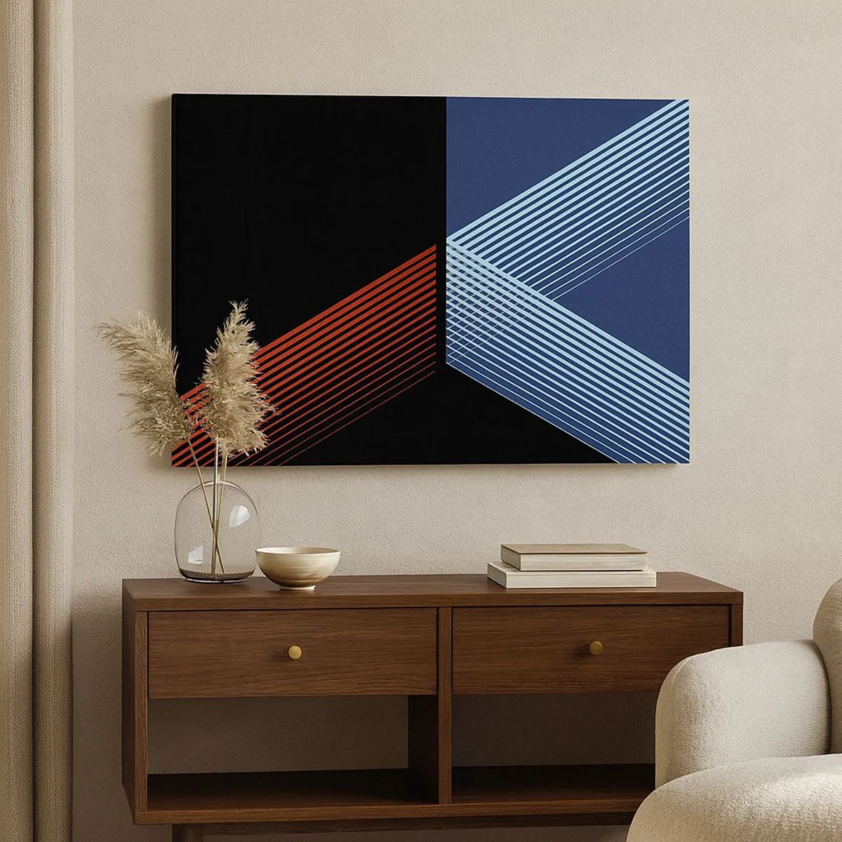 Cuadro sobre lienzo - Impresión de Imagen - Líneas geométricas en tonos rojos y azules. - 70x50cm - La rectitud - Decoración de pared moderna para salón y dormitorio ARTTOR