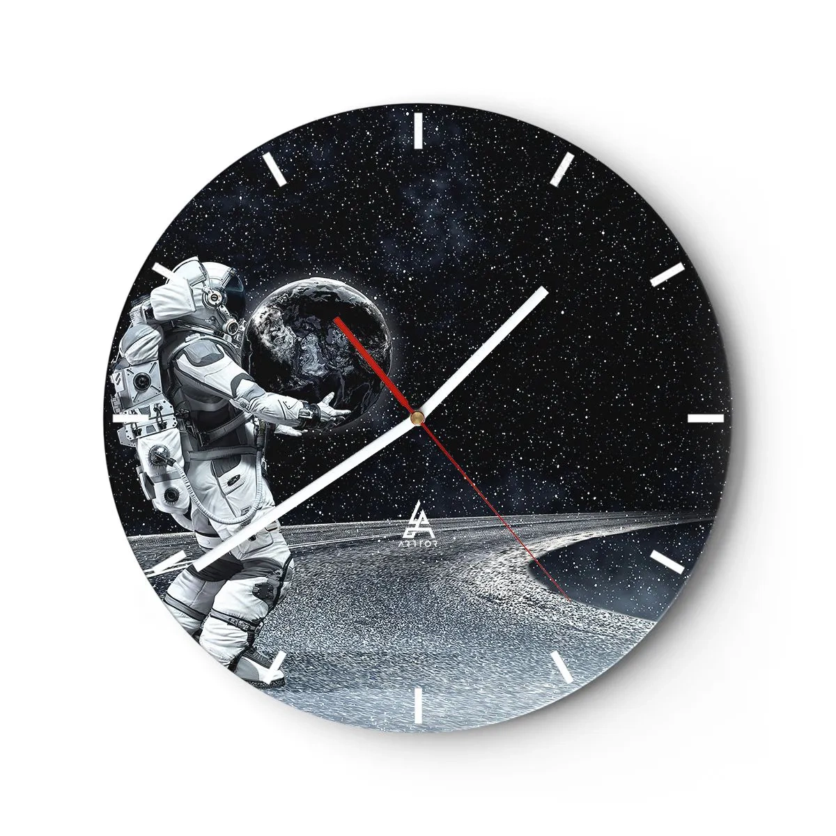 Reloj de pared - Reloj de vidrio - Un astronauta de pie en la luna sosteniendo la Tierra en sus manos. - 30x30cm - En la Vía Láctea - Decoración de pared moderna para salón, cocina y dormitorio ARTTOR