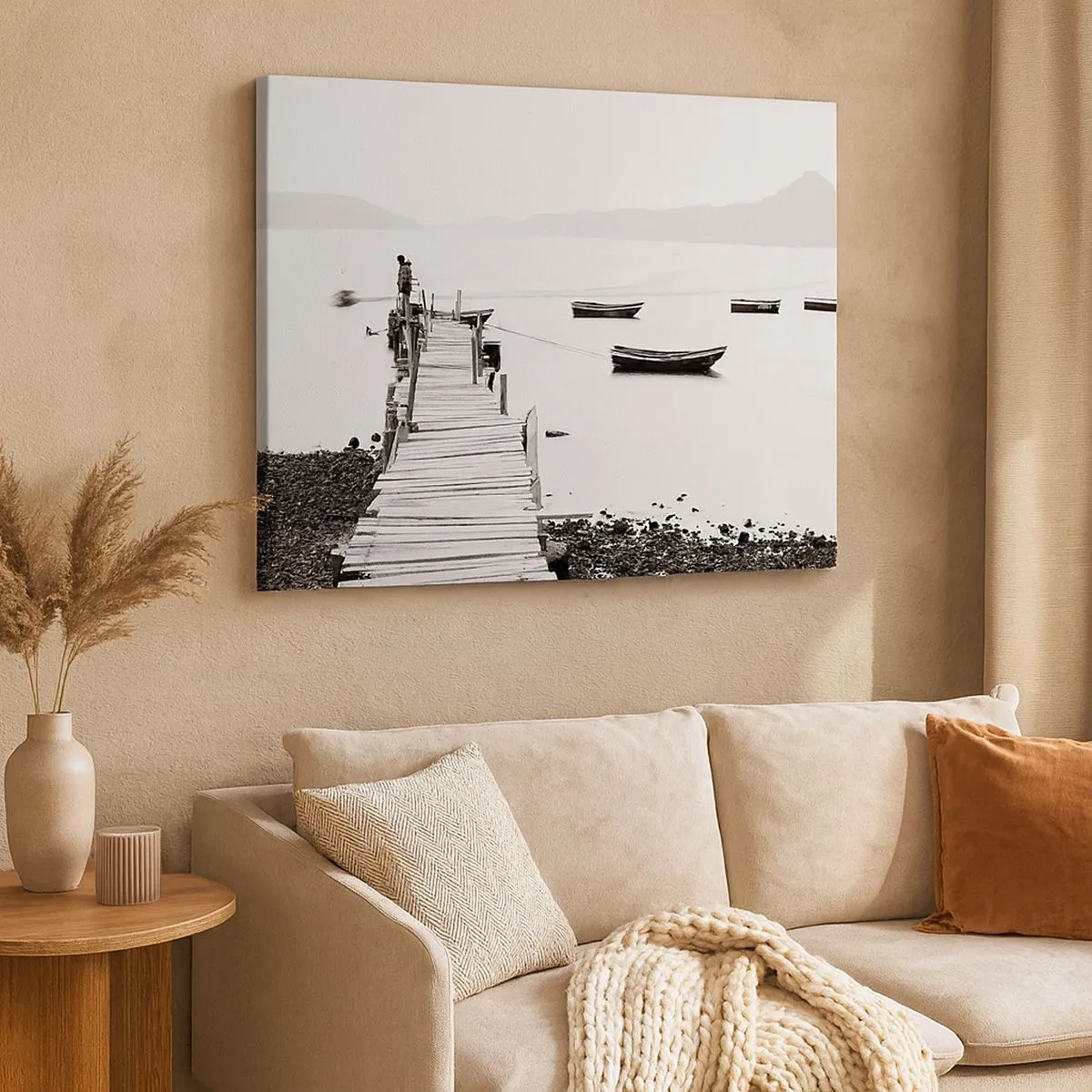 Cuadro sobre lienzo - Impresión de Imagen - Muelle de madera y barcos en aguas tranquilas - 70x50cm - Junto al agua tranquila y clara - Decoración de pared moderna para salón y dormitorio ARTTOR