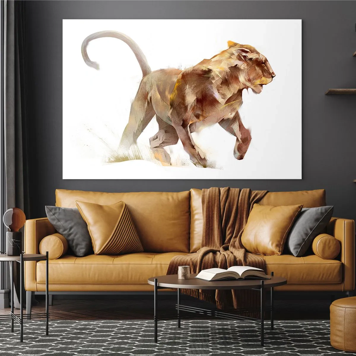 Cuadro sobre vidrio - Impresiones sobre Vidrio - Silueta dinámica de un león en estilo artístico sobre fondo blanco. - 70x50cm - Gracia salvaje - Decoración de pared moderna para salón y dormitorio ARTTOR